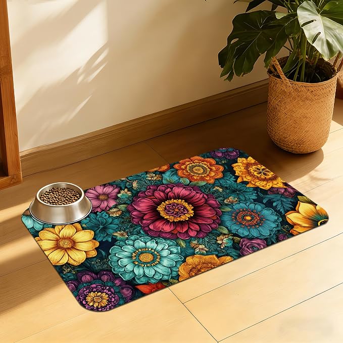 Vintage Floral Pet Feeding Mat, Fast-Dry Absorbent Dog and Cat Bowl Mat by QSOQSO