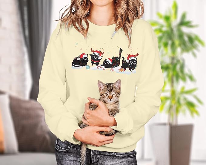 FRYAID Cat Sweatshirt Women Funny Black Cat Graphic Sweater Casual Cat Crewneck - Image 3