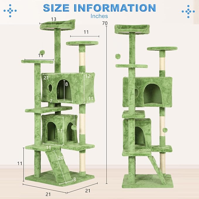 FDW | 70" Cat Tree Tower | Green | Multi-Level Indoor Activity Center - Image 7
