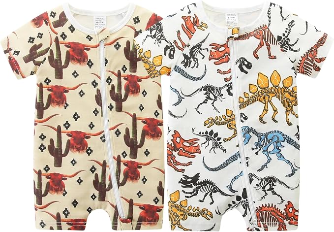 Unisex Summer Trendy 2-Pack Rompers Short Sleeve Zipped Bodysuit Infant Cotton by JingleBaBa