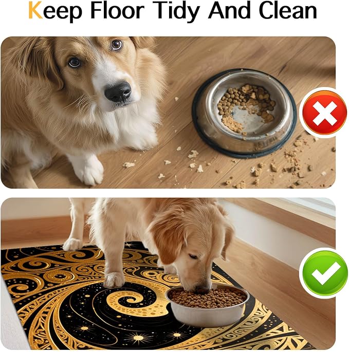 Cat Feeding Mat 24x16 inch Gold Black Artistic Cat Print Pet Bowl Placemat Non - Image 8