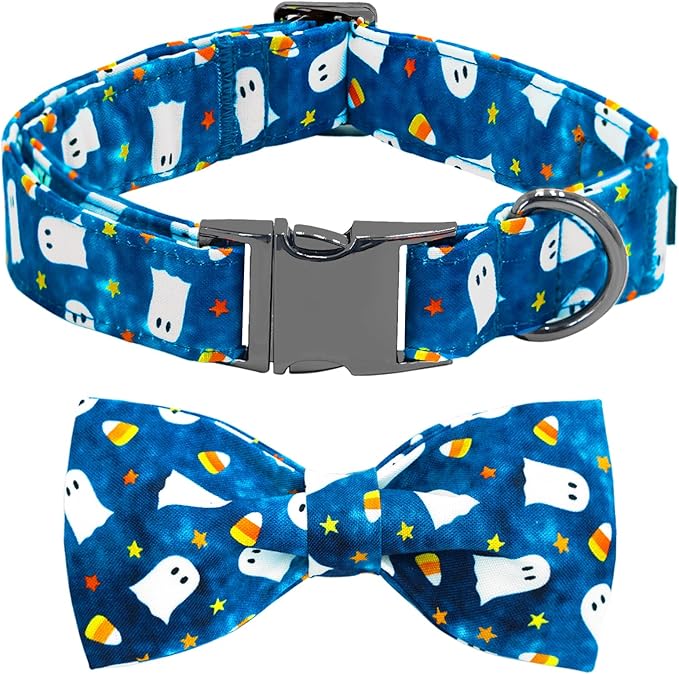 Halloween Dog Collar, Ghost Print Adjustable Pet Collar Blue Cute Cotton Soft by BoboRainbow