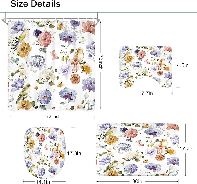 4 PCS Purple Floral Birds Bathroom Set - Image 4