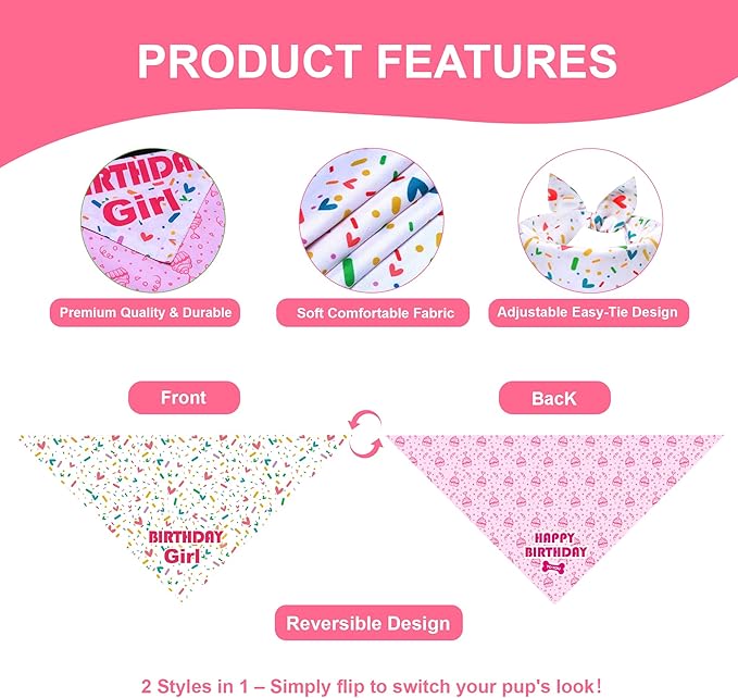 Dog Birthday Bandana Girl for Large to X-Large Dogs, Reversible 2 Patterns in 1 - Image 3