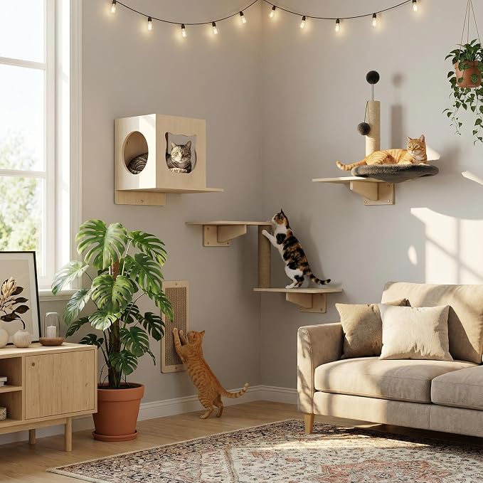 Cat Wall Shelves, Wooden Multi-Level Cat Climbing Furniture, Sisal Scratcher - Image 7