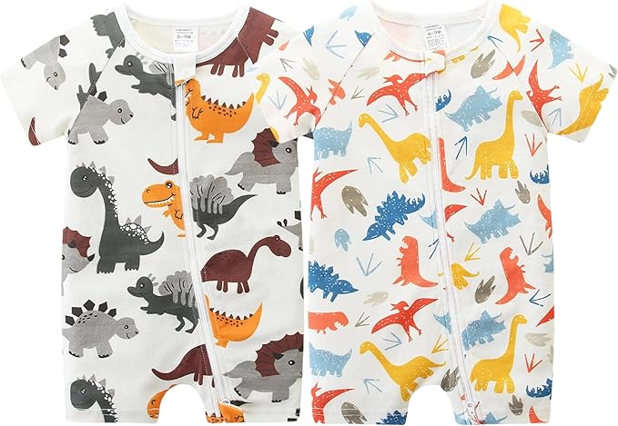 Unisex Summer Trendy 2-Pack Rompers Short Sleeve Zipped Bodysuit Infant Cotton by JingleBaBa