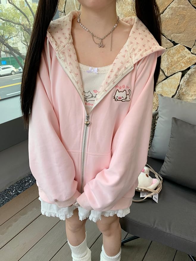 Womens Y2K Zip Up Cute Graphic Hoodies Cat Ears Casual Cartoon Harajuku Kawaii - Image 3
