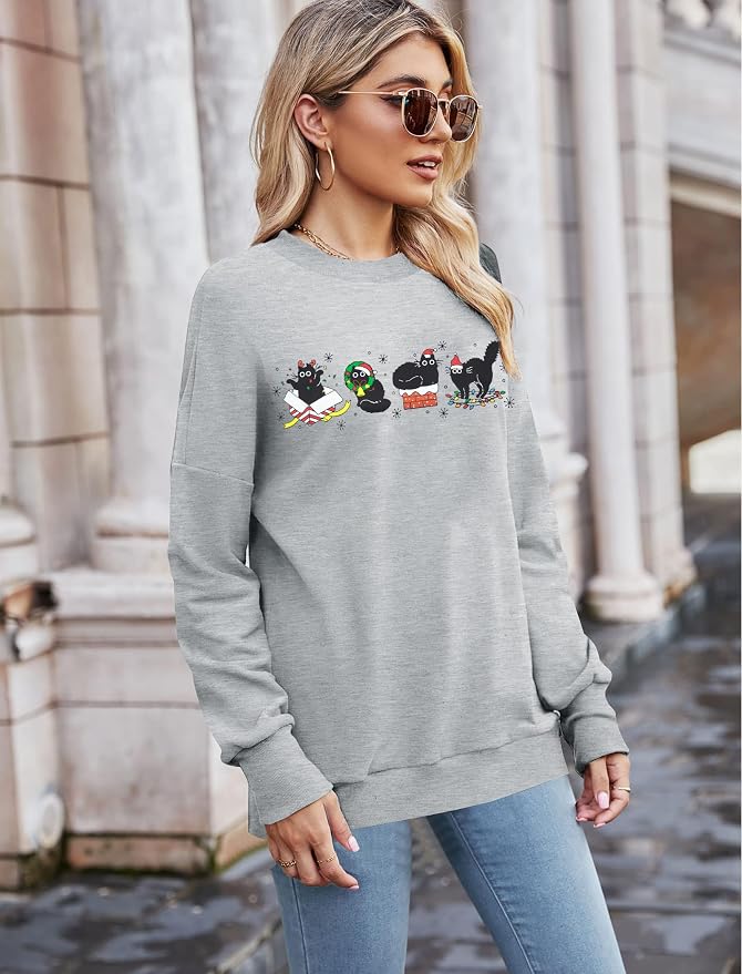 FRYAID Cat Sweatshirt Women Funny Black Cat Graphic Sweater Casual Cat Crewneck - Image 3