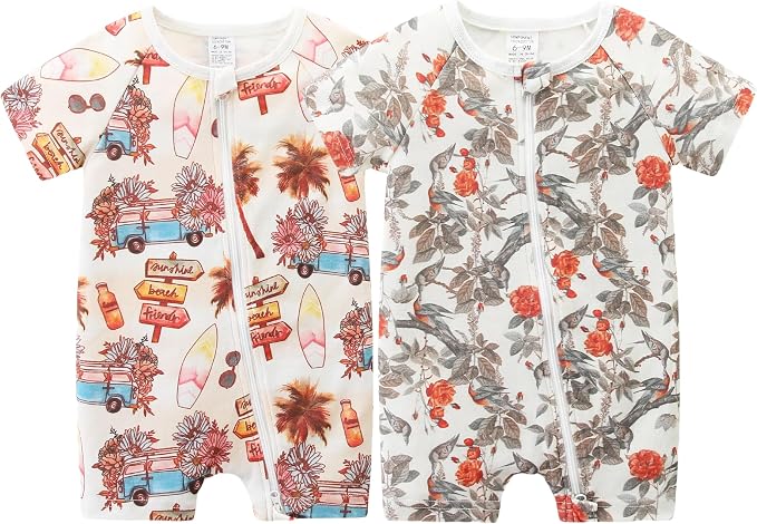 Unisex Summer Trendy 2-Pack Rompers Short Sleeve Zipped Bodysuit Infant Cotton by JingleBaBa