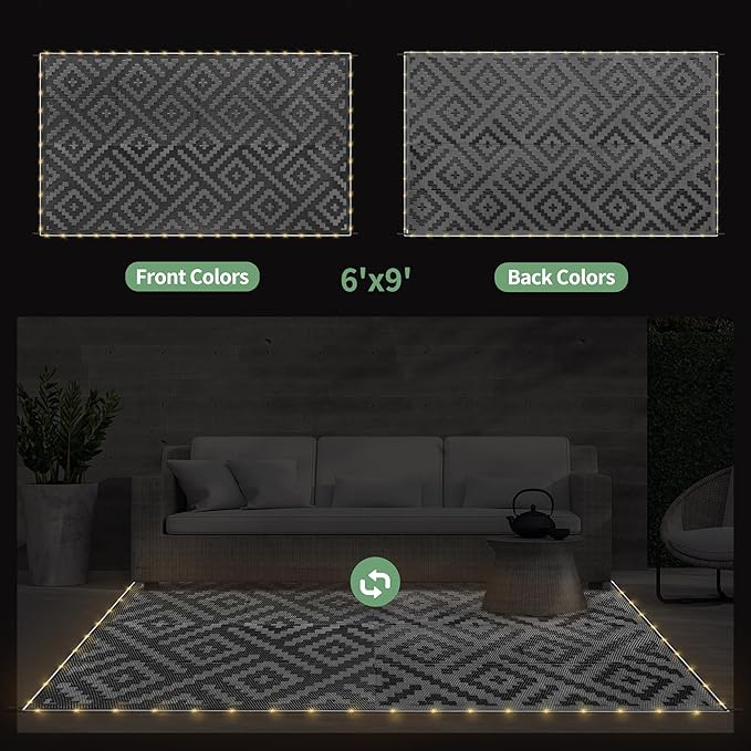 GENIMO Outdoor Rug with LED Strip Lights, Reversible Plastic Straw Rugs - Image 3