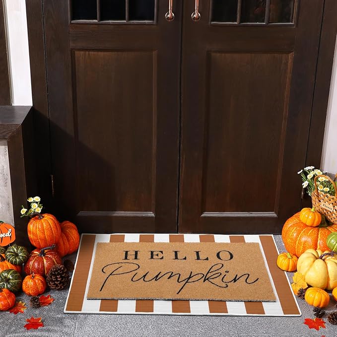 Tinideya 2 Pcs Fall Door Mat Thanksgiving Hello Pumpkin Welcome Non Slip Coir - Image 2