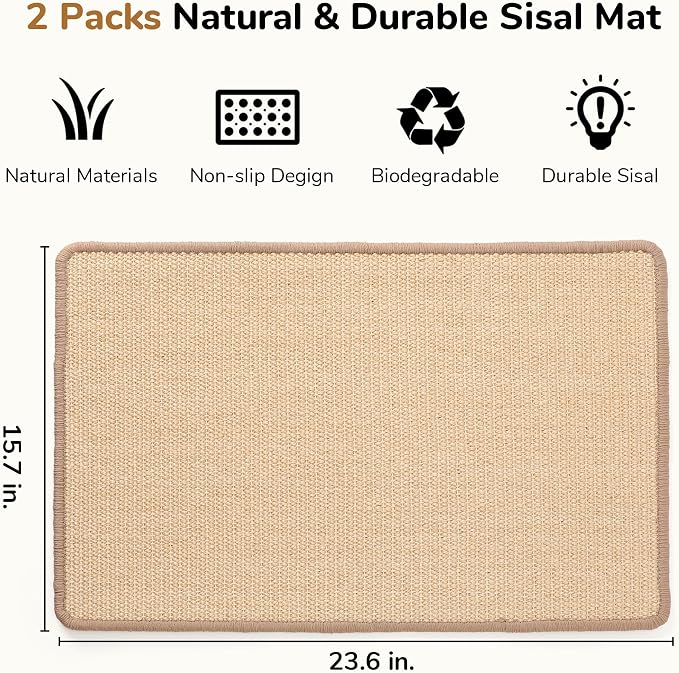 FUKUMARU 2 Packs Cat Scratching Mat, 23.6 x 15.7 Inch Natural Sisal Cat Scratch - Image 2