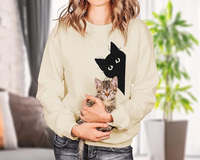 FRYAID Cat Sweatshirt Women Funny Black Cat Graphic Sweater Casual Cat Crewneck - Image 2
