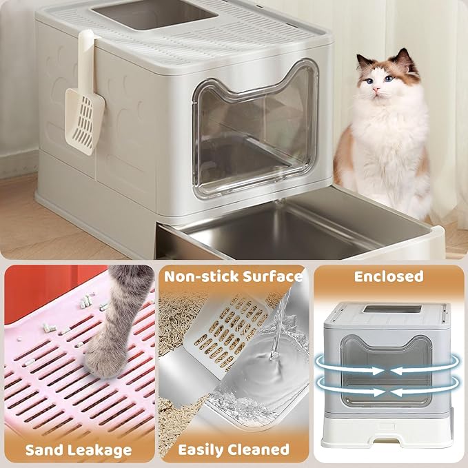 Enclosed Cat Litter Box with Lid Top Exit Covered Metal Stainless Steel Litter - Image 4