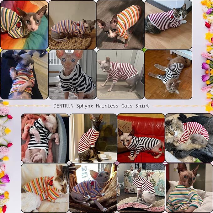 DENTRUN Hairless Cats Shirt Breathable Cat Daily Wear Clothes Stripe Vest - Image 9