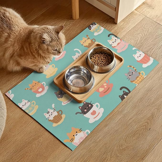 Cat Feedings Mats 20x12 inch Teacup Cat Print Pet Bowl Placemat Non Slip Mat - Image 2