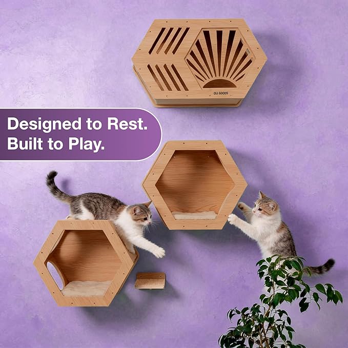 Modern Hexagonal Cat Wall Shelf System, 6-Piece Wood Wall Mounted Cat Furniture - Image 5