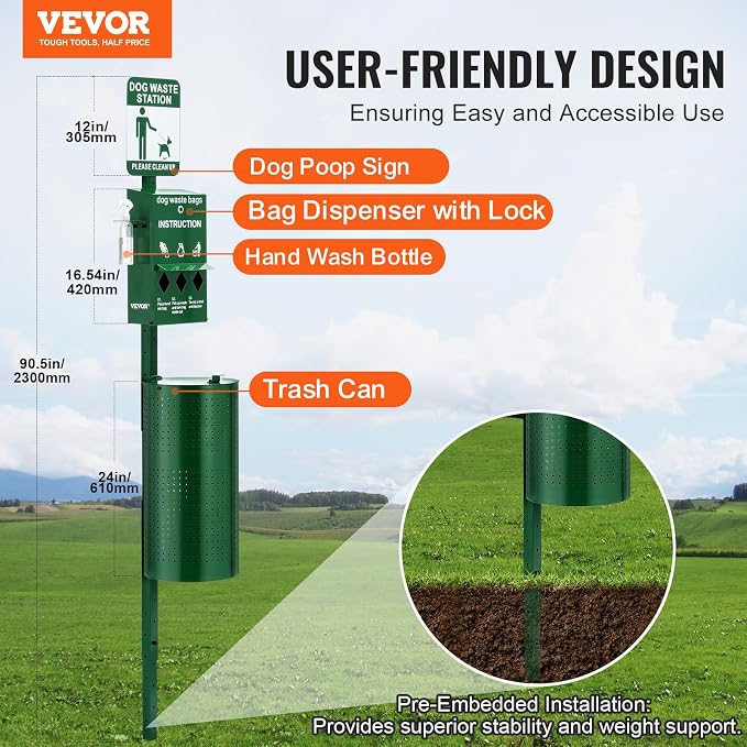 VEVOR Dog Waste Station with Hand Wash Bottle, 11.5 Gallons Pet Waste Bin with - Image 2