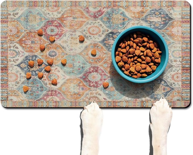 Moroccan Trellis Dog Food & Water Mat, Mexican Talavera Boho Colorful Pet - Image 2