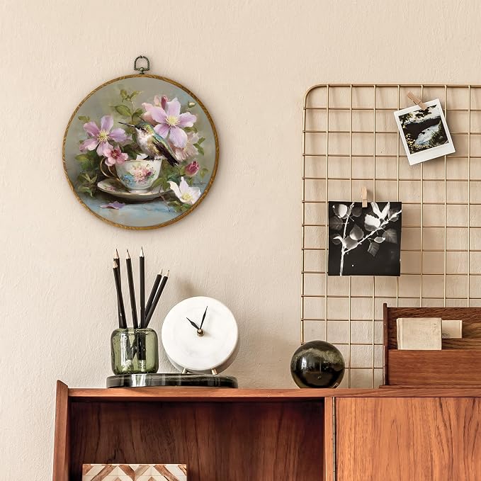 DILSJ Vintage Hummingbird Round Oval Wall Art Decor, Country Flower Bird Canvas - Image 5