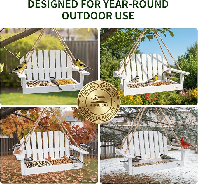Solution4Patio White Swing Bird Feeder, Squirrel-Proof Metal Mesh Tray - Image 5