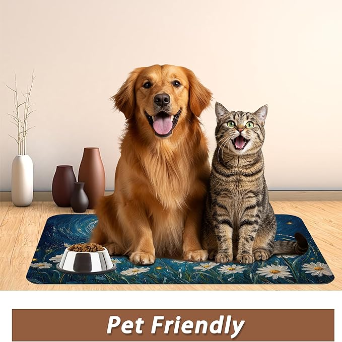 Starry Night Pet Feeding Mat, Moon Daisy Flower Absorbent Quick-Dry Cat Dog - Image 6