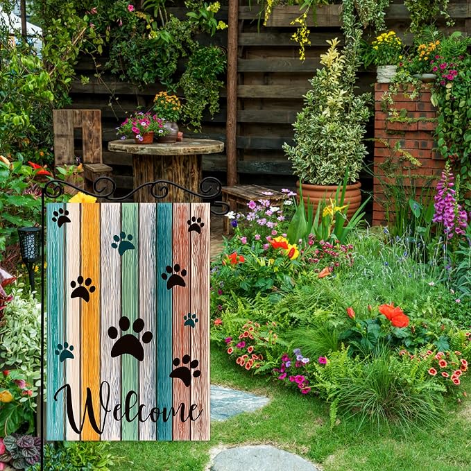Welcome Paw Garden Flag, Welcome Spring Summer Garden Flag Colorful Footprint - Image 5