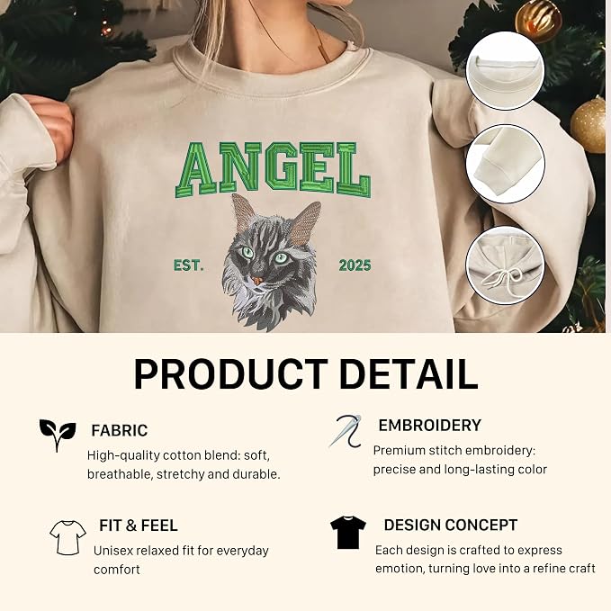 VIOLAVA Custom Cat Embroidered Christmas Sweatshirt – Personalized Pet Name - Image 3
