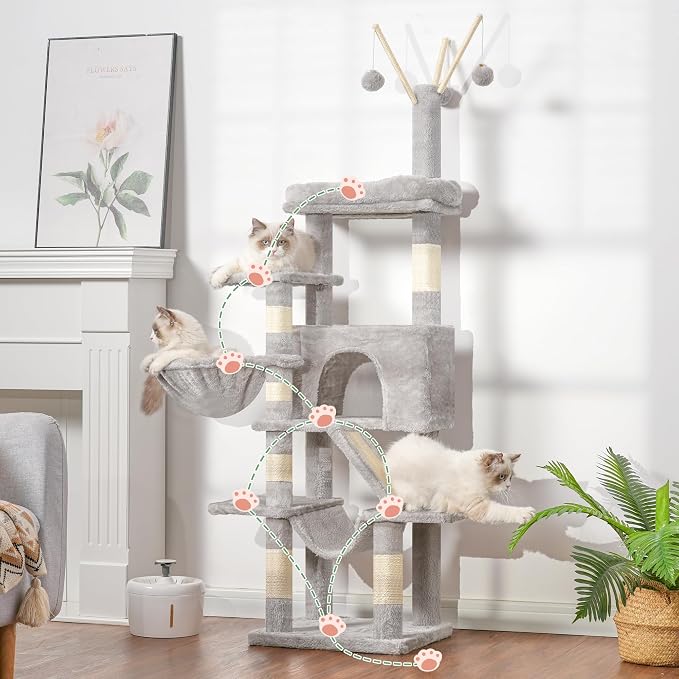 Cat Tree, Cat Condo with Cat Scratching Post and Board, Cat Hammock, Light Gray - Image 8