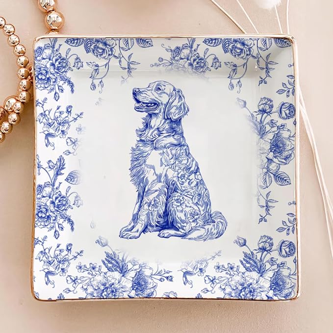 Custom Dog Cat Breed Jewelry Dish, Toile De Jouy Pet Ring Dish, Personalized by Unknown