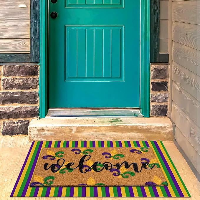 Tinideya 2 Pcs Mardi Gras Door Mat Carnival Welcome Non Slip Coir Mats Purple - Image 4