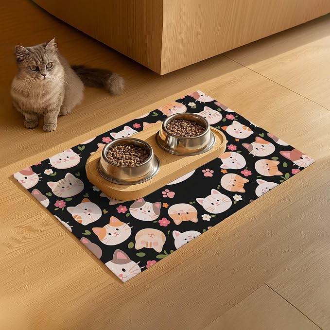 Cat Feeding Mat 24x16 inch Black Kitten Print Pet Bowl Placemat Non Slip Floor - Image 9