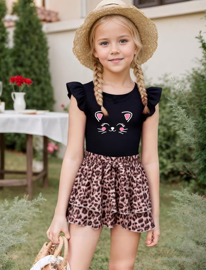 Girls Skirt Set 2 Piece Outfit Toddler Summer Clothes Ruffle Sleeve T-Shirt Bow - Image 2