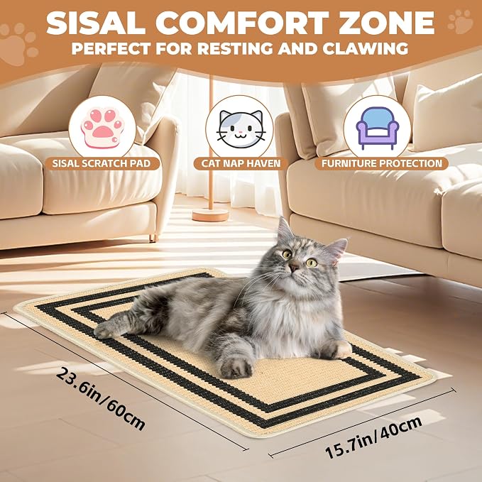 Cat Scratcher Mat, 23.6x15.7 Inch Natural Sisal Cat Scratch Pad, Horizontal Cat - Image 2