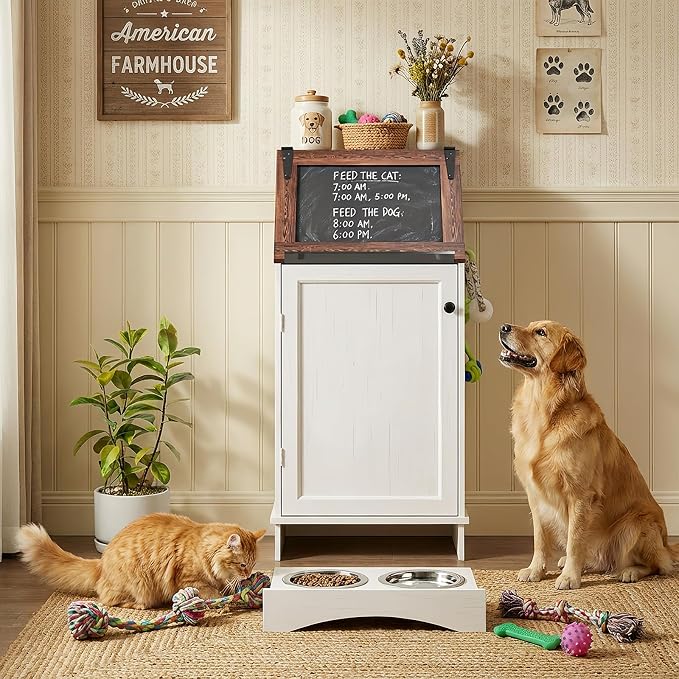 Dog Food Feeding Station with Storage, Pet Food Storage Cabinet with Bowls and by Furnvvio
