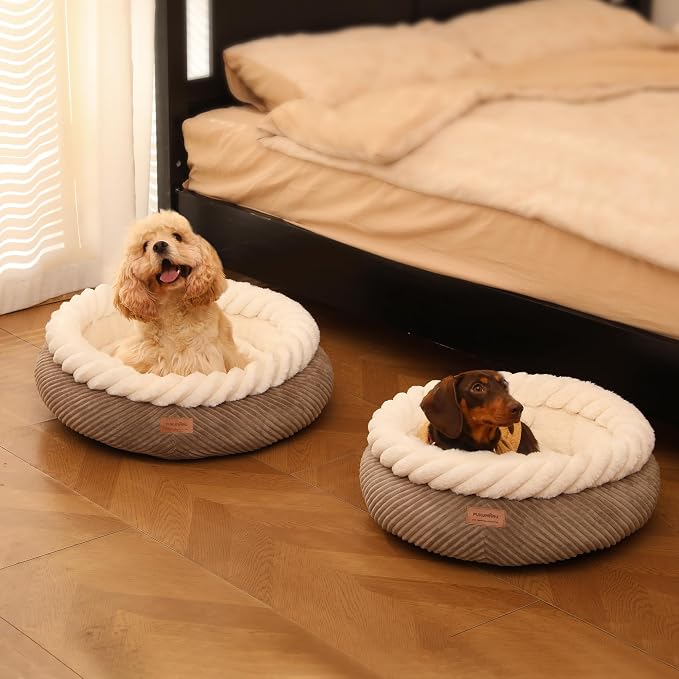 FUKUMARU Cat Bed, Calming Donut Dog Beds, Plush Faux Fur&Corduroy Kitten Beds - Image 9