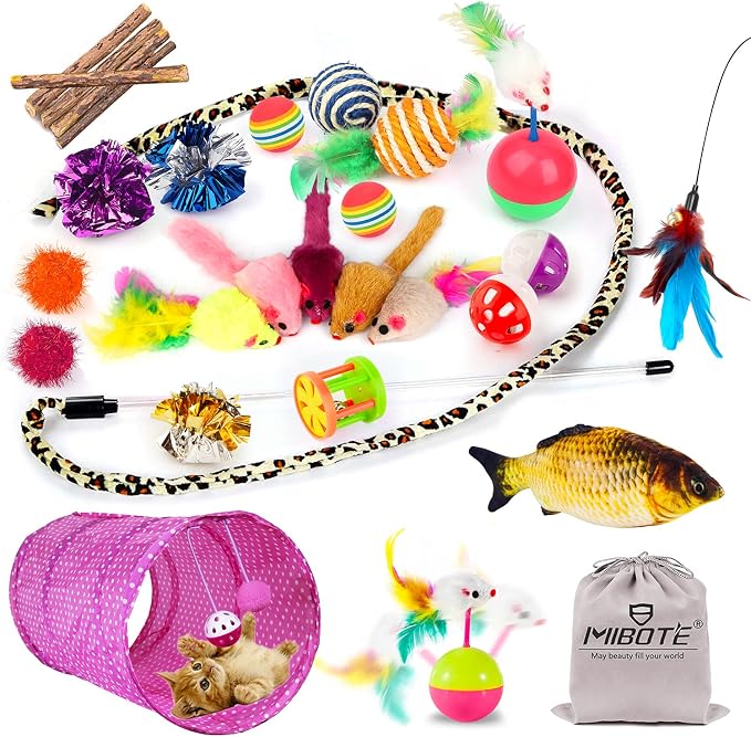MIBOTE 28Pcs Cat Toys Kitten Toys Assorted, Cat Tunnel Catnip Fish Feather by MIBOTE