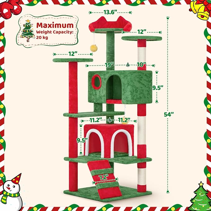 Yaheetech 54in Christmas Cat Tree, 2 Cozy Caves, Scratching Posts, Climbing - Image 7