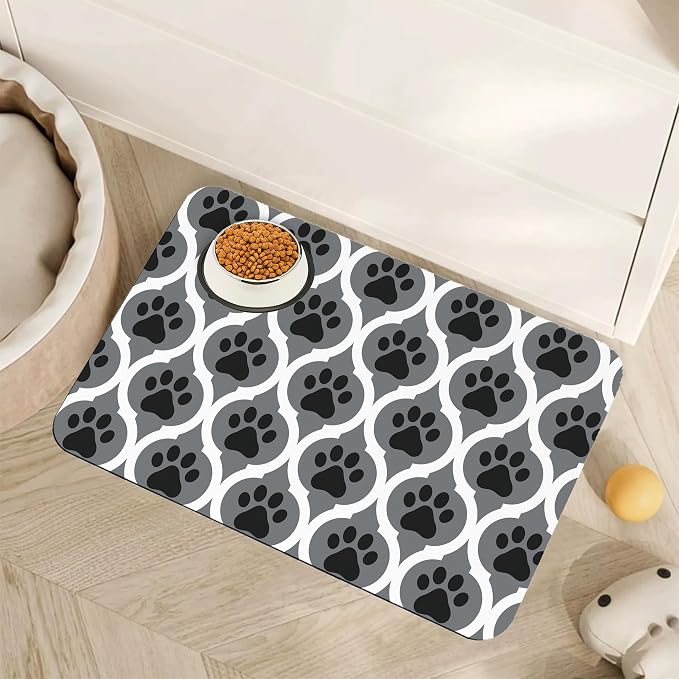 Gray Paw Print Geometric Dog Cat Food Mat, Absorbent Pet Feeding Mat by Unknown