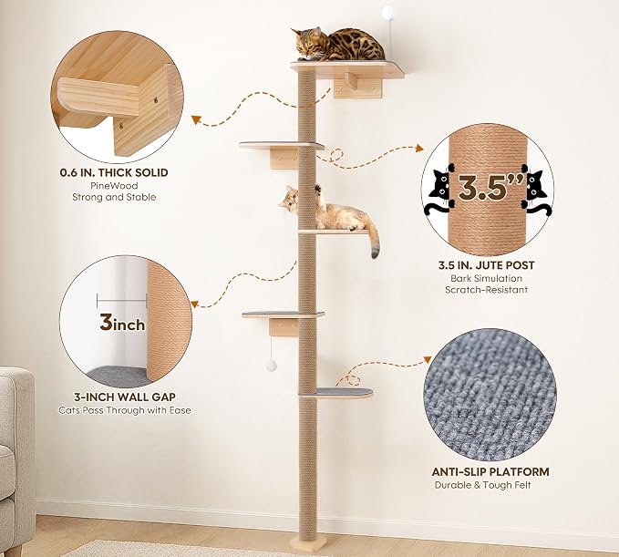 5-Tier Floor-to-Ceiling Cat Tree Tower, Upgraded Grey Felt Kittens Wall Shelves - Image 3
