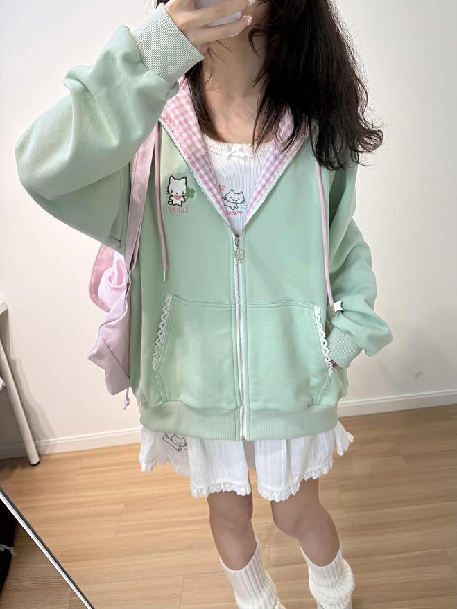 Womens Y2K Zip Up Cute Graphic Hoodies Cat Ears Casual Cartoon Harajuku Kawaii - Image 5