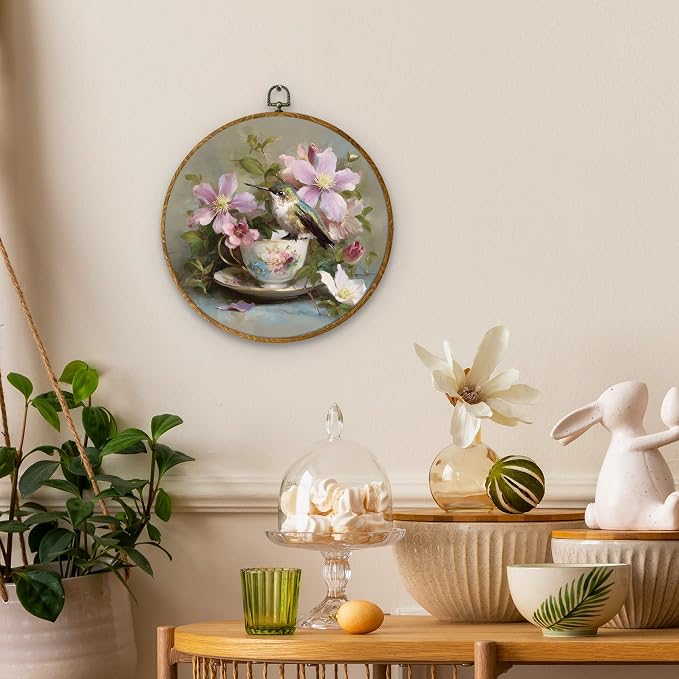 DILSJ Vintage Hummingbird Round Oval Wall Art Decor, Country Flower Bird Canvas - Image 3