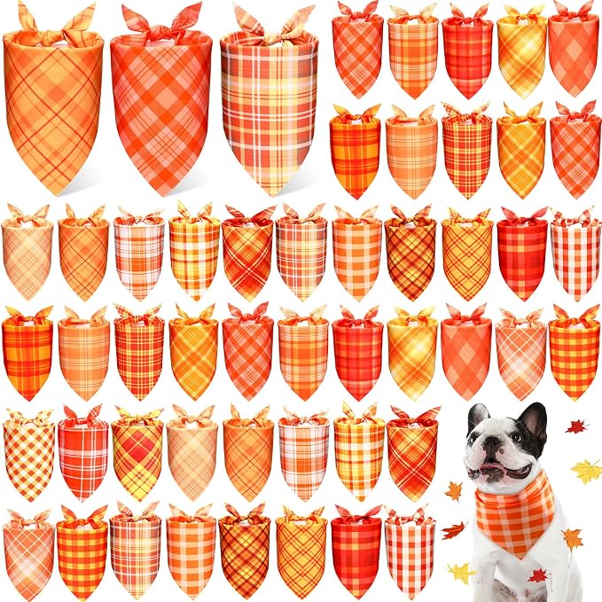 Abbylike 50 Pcs Orange Plaid Dog Bandanas Bulk Check Pattern Bandanas by Abbylike