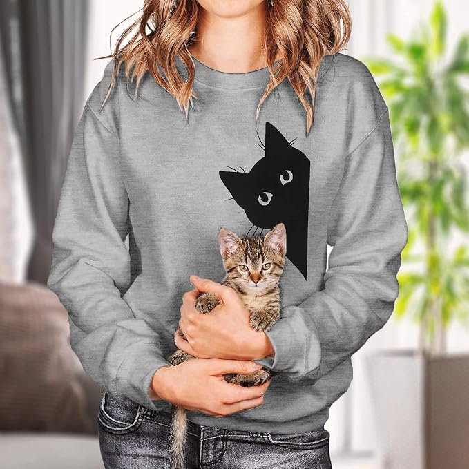FRYAID Cat Sweatshirt Women Funny Black Cat Graphic Sweater Casual Cat Crewneck - Image 3