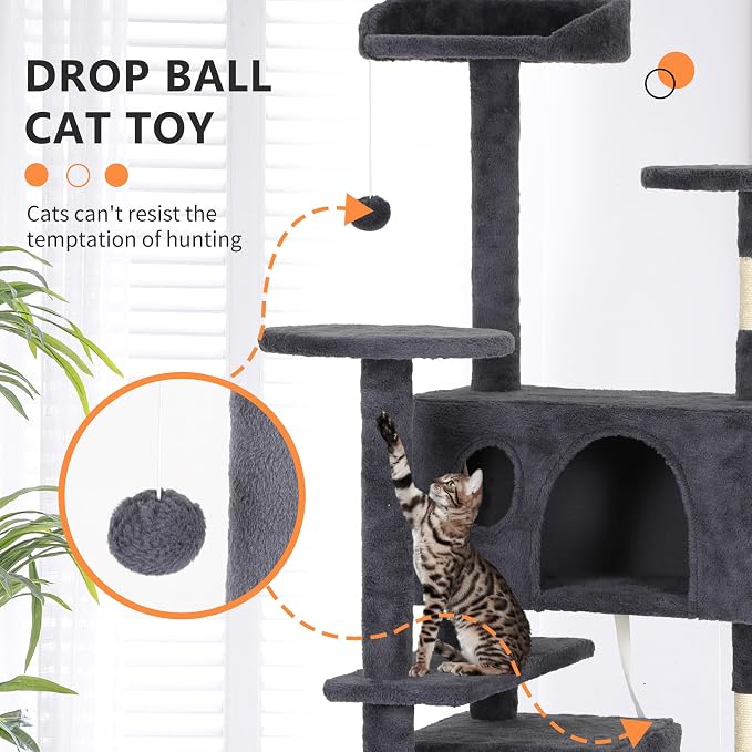 BestPet | 62" Cat Tree Tower | Dark Gray | Sturdy, Hanging Cat Toys, - Image 3