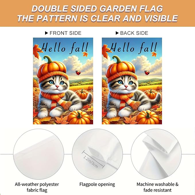 Hello Fall Garden Flag Cute Kitten Pumpkin Hat Scarf Flag 12x18 Inch Autumn Pet - Image 4