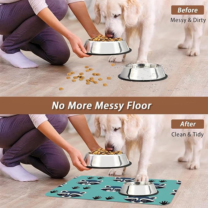 Cute Raccoon Dog Food Mat for Floors, Absorbent Pet Food and Water Bowl Mats - Image 5
