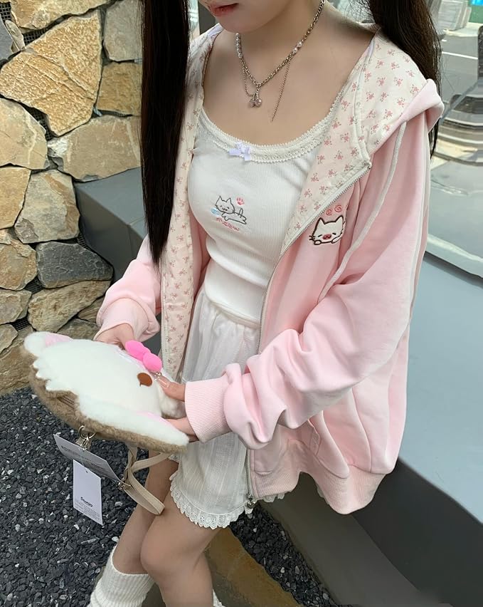 Womens Y2K Zip Up Cute Graphic Hoodies Cat Ears Casual Cartoon Harajuku Kawaii - Image 5