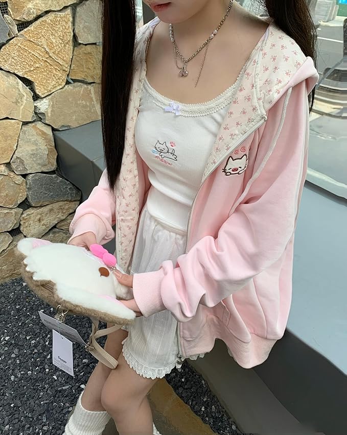 Womens Y2K Zip Up Cute Graphic Hoodies Cat Ears Casual Cartoon Harajuku Kawaii - Image 5