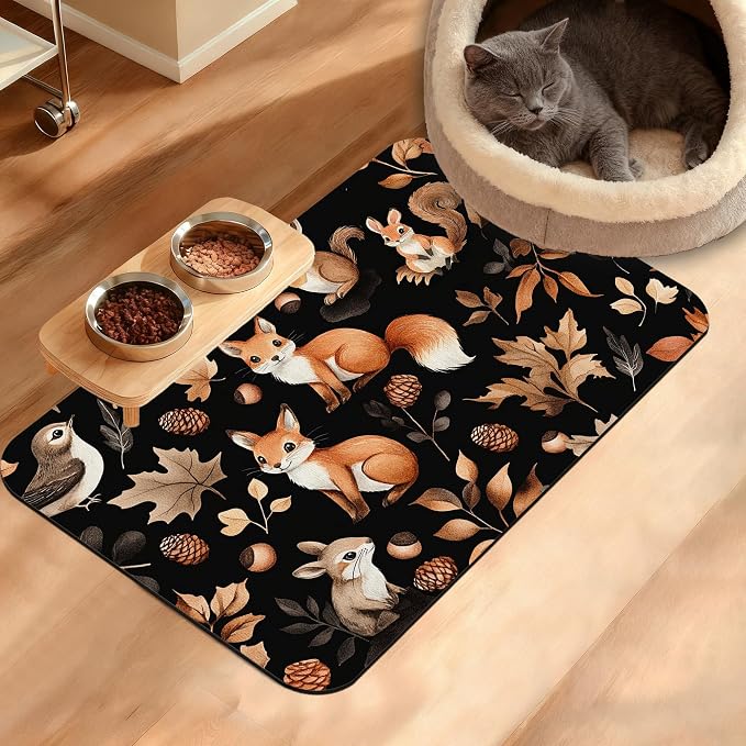 Cute Squirrel Dog Cat Food Mat, Bird Fox Absorbent Waterproof Placemat by Unknown